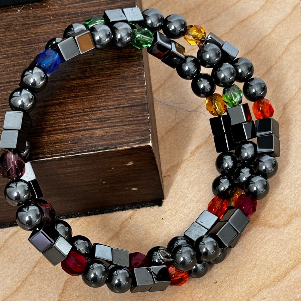Black Hematite beaded wrap bracelet/ colored beads / fits size 6 3/4 in wrist